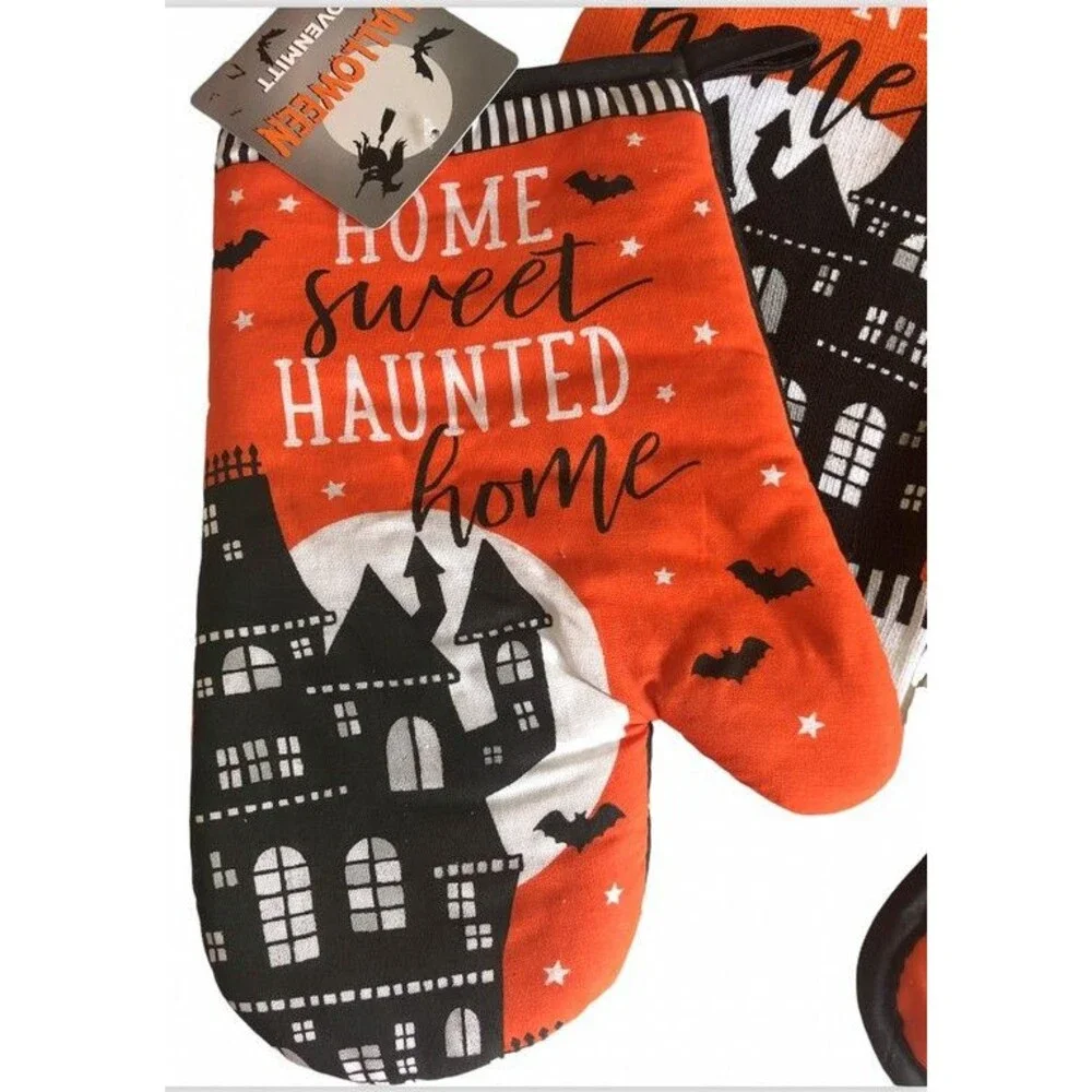 Halloween Kitchen Potholder Dish Towels Oven Mitt Haunted House Orange Set of 4